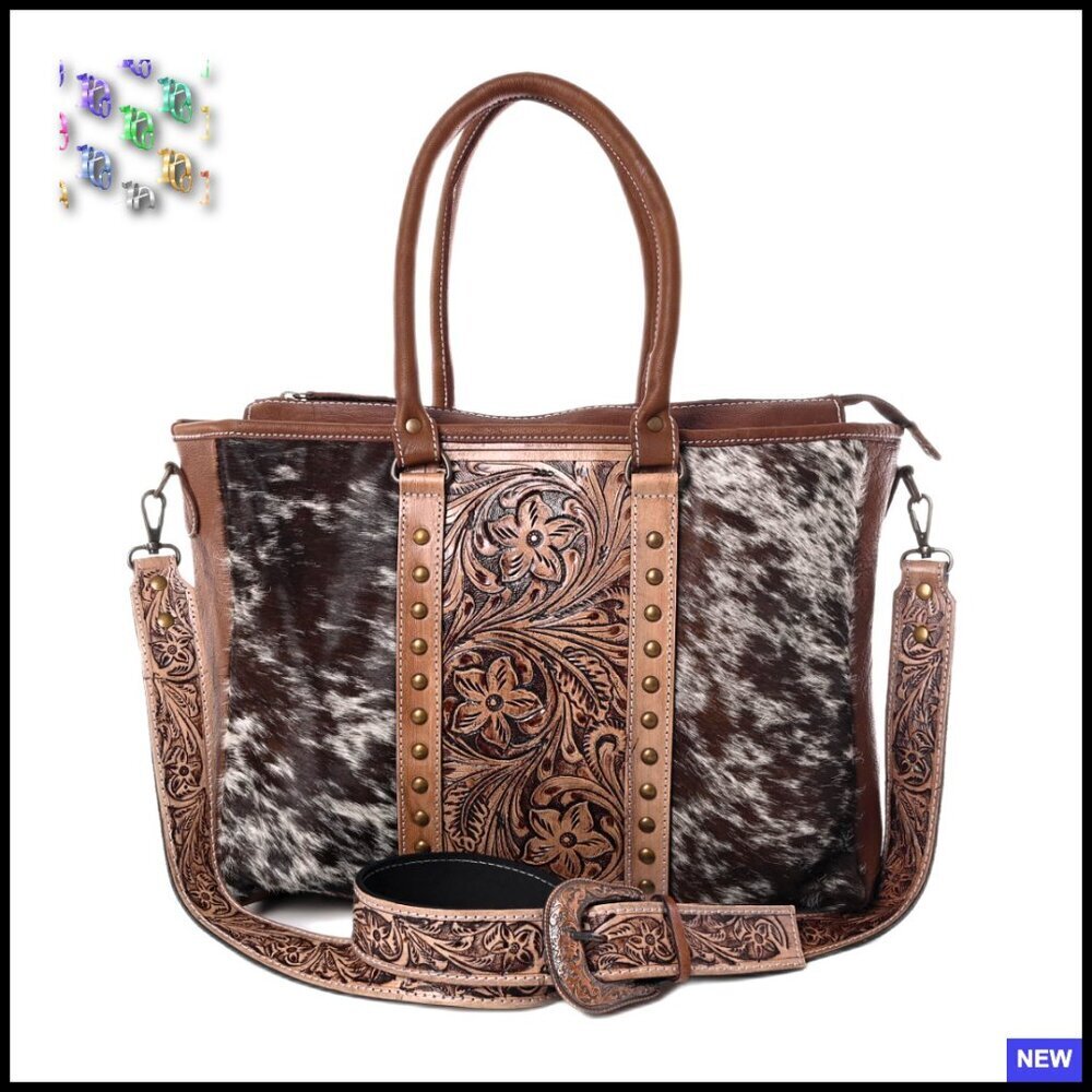 Western Cowhide Leather Tote Bag Adjustable Shoulder Strap Tooled Chic Minimal